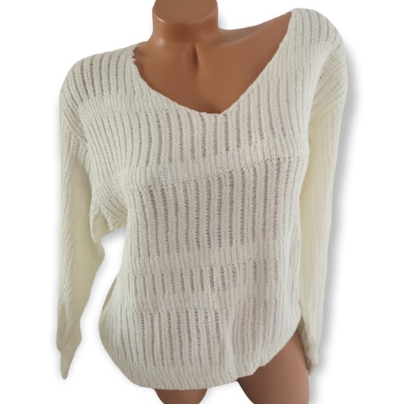 Long Sleeve V-Neck Open Knit Pullover Sweater off-white - Picture 5 of 12